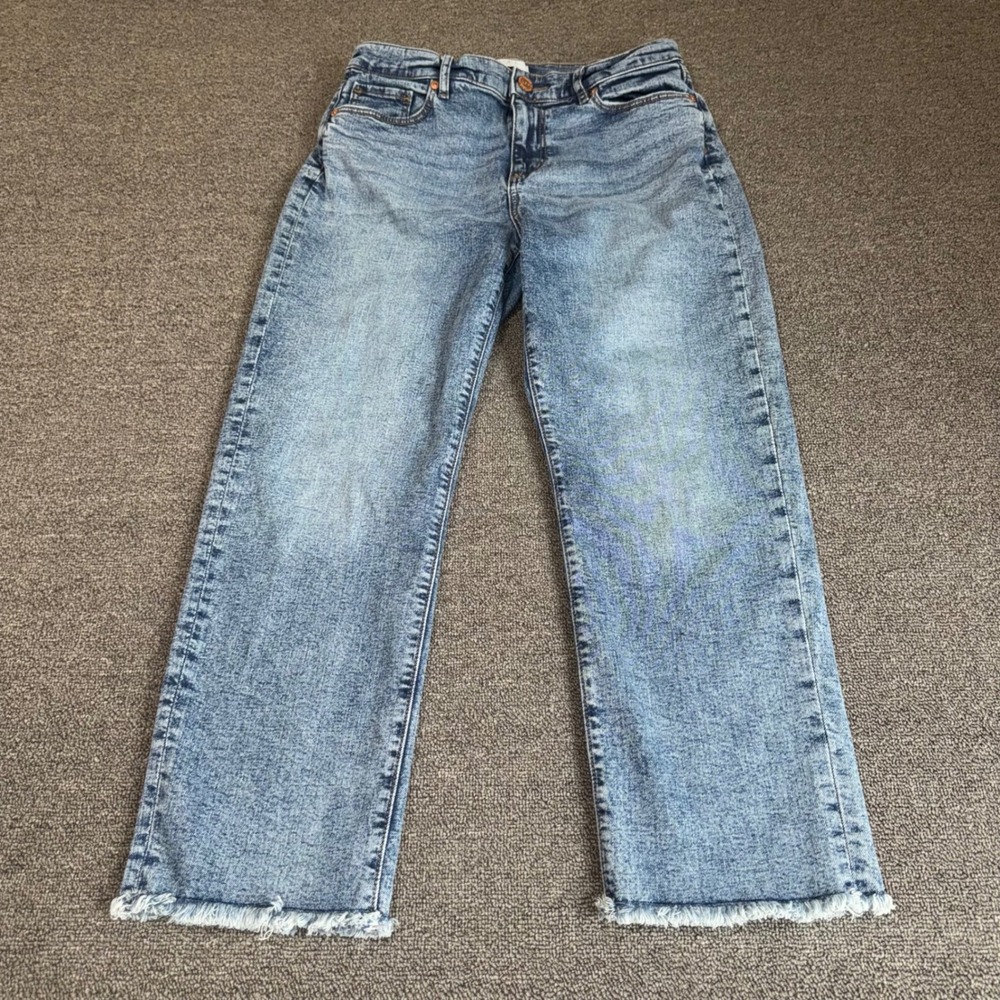 LOFT Outlet Petite Straight Jeans 4P Light Wash Frayed Hem High Rise Denim Boho